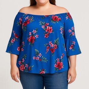🆕 NEW YORK LAUNDRY Blue Floral Off-The-Shoulder Ruffled Sleeve Blouse Size 3X
